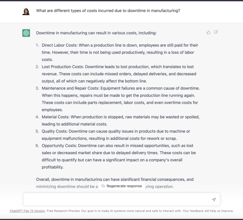 Screenshot showing ChatGPT's answer to the question, "What are the different types of costs incurred due to downtime in manufacturing?"