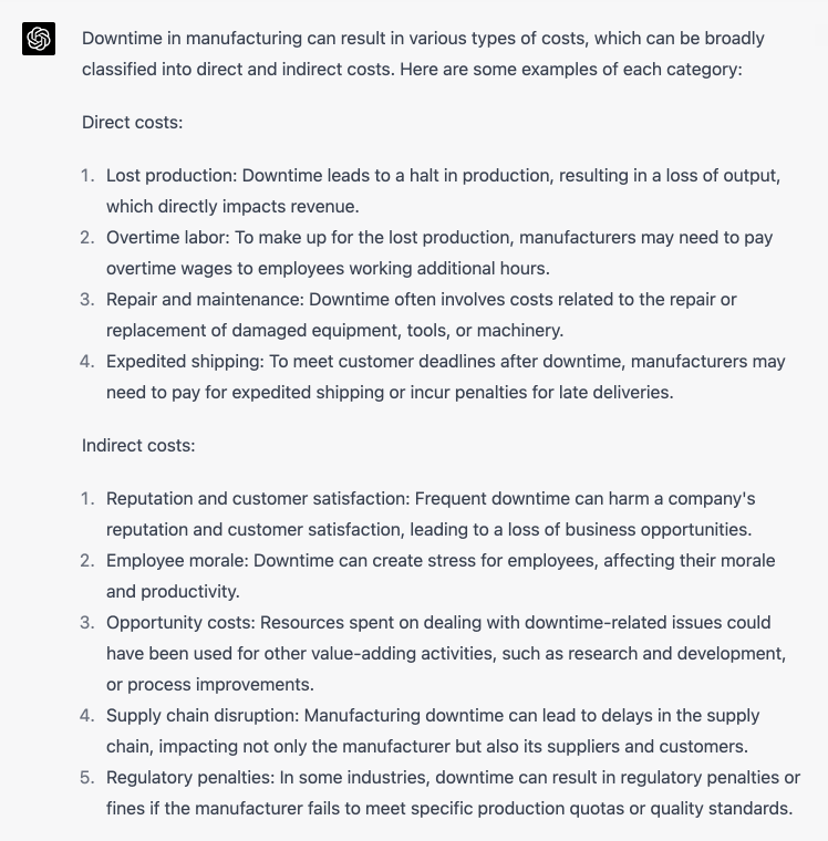 Screenshot showing ChatGPT model 4's answer to the question, "What are the different types of costs incurred due to downtime in manufacturing?"