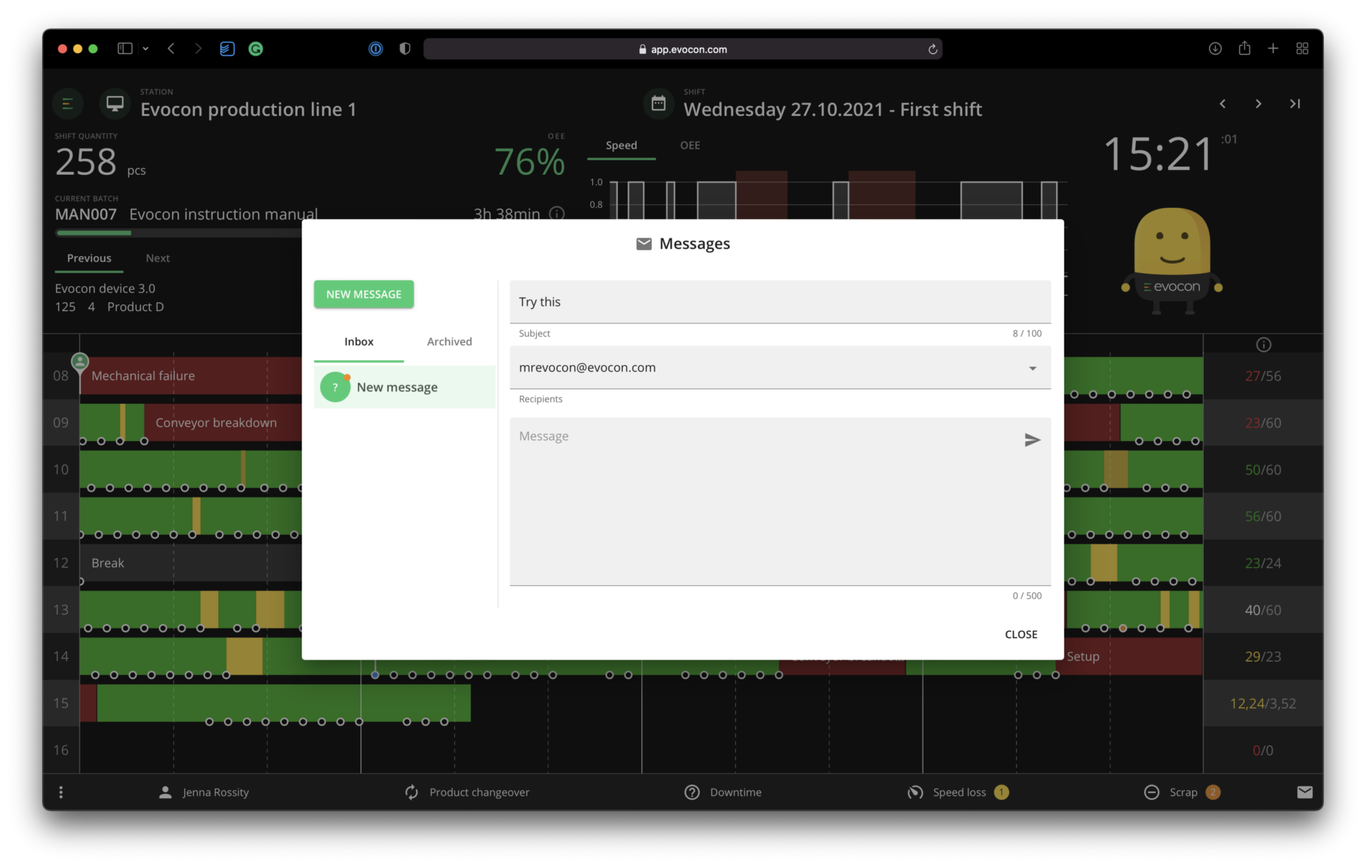 Screenshot showing how production operators can send messages through the Evocon interface.